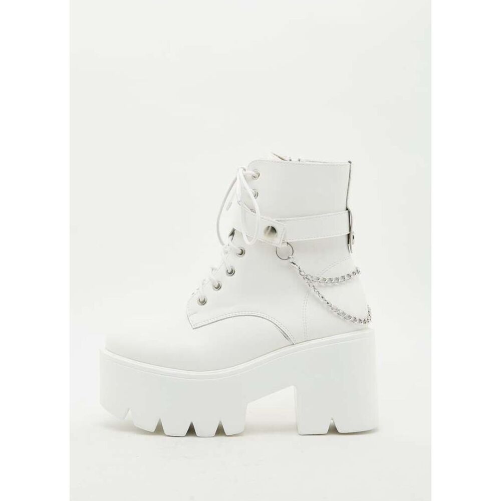 White Chunky Platform Combat Boots w/ Chain & Buckle | Rave Festival Goth